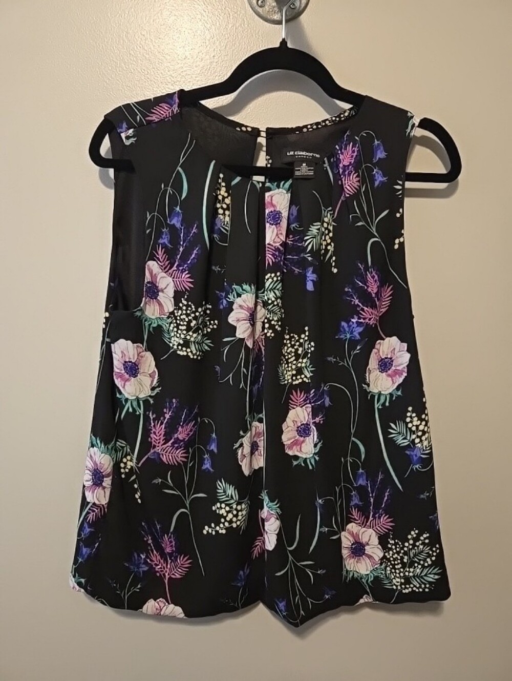 Liz Claiborne Blouse, Top Women's M  Black W/ Floral Patter Tank Top